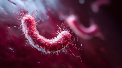 Helicobacter pylori bacteria with flagella in motion, detailed pink spiral-shaped cells in red microbiological environment, close-up 3D medical visualization