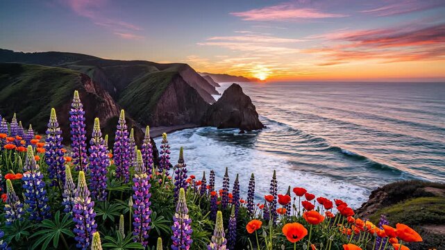 Lush flowers blooming along rugged cliffside, with vast ocean stretching out to horizon, capturing serene and adventurous essence of freedom and limitless possibility, perfect for backgrounds in.