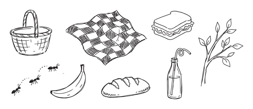 Hand-drawn black and white picnic icons set featuring a basket, blanket, sandwich, fruit, and drink in a simple doodle sketch style for summer outdoor dining concepts