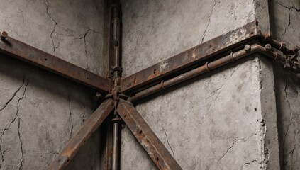 Rusty metal support structure attached to textured concrete wall corner