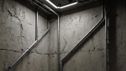 Interior of a room with exposed metal pipes and concrete walls