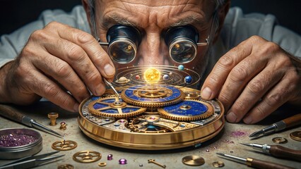 Man watches an intricate solar system clockwork while working as a watchmaker, master creating galactic mechanism, watch repair