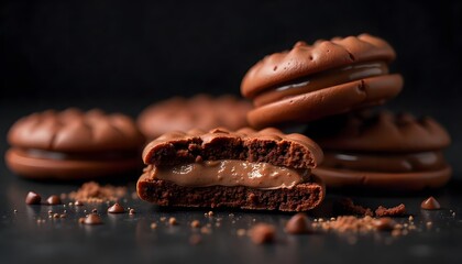 Close-up chocolate cream biscuits on dark background. Brown crispy cookies with creamy chocolate filling, delicious sweet dessert, perfect for snack or confectionery concept.