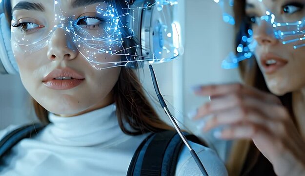 Close Up Of A Woman Wearing Futuristic Headset With Blue Digital Overlay On Her Face In A Modern Office Setting