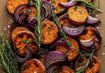 Roasted Sweet Potatoes and Red Onions with Rosemary.