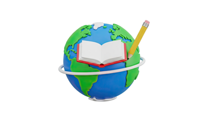 Globe with Open Book and Pencil