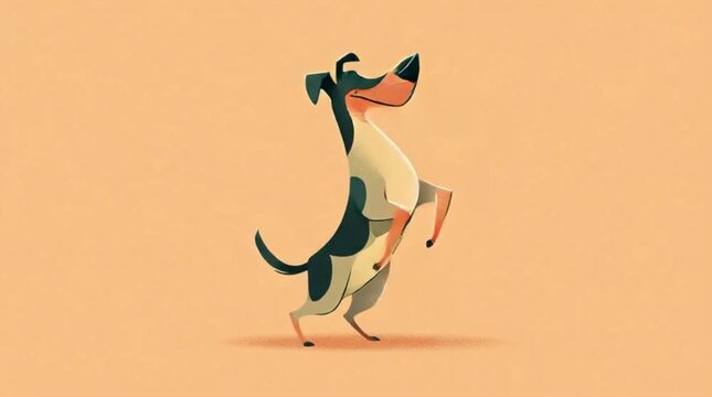 A cartoon dachshund dog performing a funny cartoon dancing on a peach background.