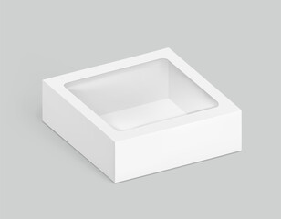 Universal mockup of blank cardboard box with transparent window. Vector illustration isolated on grey background, ready and simple to use for your design. EPS10.