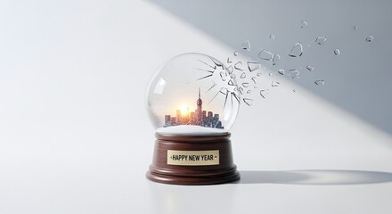 Symbolic shattered snow globe with cityscape at dawn, representing time's passage and new beginnings
