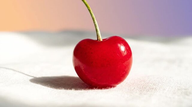 Single vibrant red cherry with green stem on white fabric surface