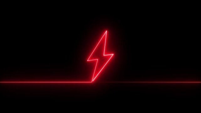 Abstract red neon glowing battery charging icon animation on black background.Glowing neon lightning bolt icon, Violet red color battery icon, Battery charging animation.
