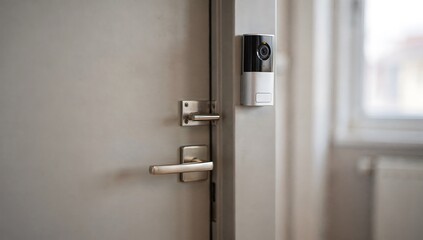 Video doorbell on a doorframe. Smart home security system for surveillance and protection. Modern technology for safety and access control.