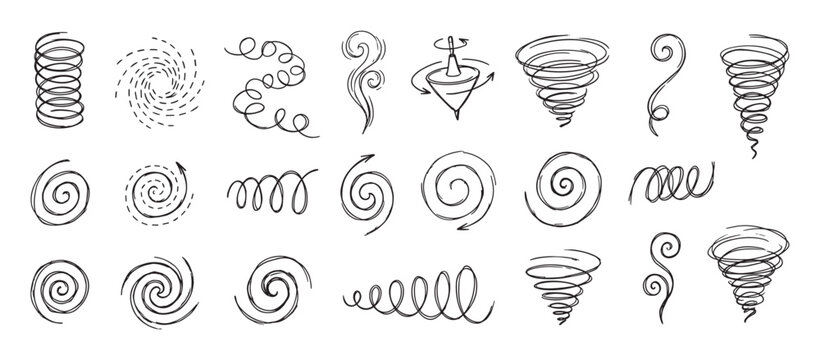 Set of hand-drawn spiral and swirl doodles representing various forms of motion, rotation, and energy, including tornadoes, springs, and spinning tops in a sketchy black line art style