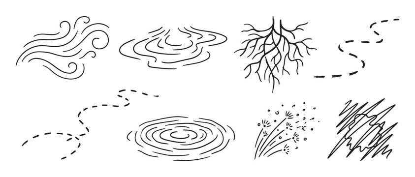 Hand-drawn black line art doodle elements set featuring various natural icons like wind, water ripples, roots, and abstract shapes like dashed paths and scribbles in a minimalist style
