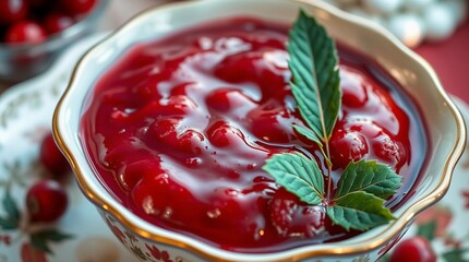 homemade traditional cranberry sauce fresh dessert holiday thanksgiving close up bowl topping rich red glossy festive elegant