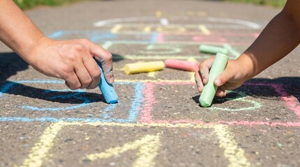 A woman and a child drawing with colorful chalk on asphalt, creating a hopscotch game. Family time outdoors, childhood development, and creativity concept for summer activity.