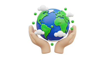 Hands Holding the Earth with Clouds and Green Spheres