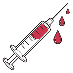 A simple cartoon illustration of a syringe filled with red liquid (resembling blood) and a long needle, with three red droplets falling from the tip.