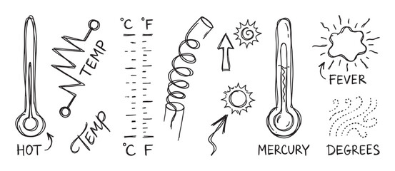 Hand-drawn set of temperature related icons showing thermometers, suns, and fever symbols in a black and white sketch style for illustrating weather and health concepts