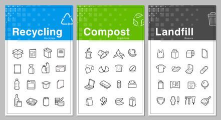 Ready sets of icons for separating waste on trash, compost, recycle. Vector elements are made with high contrast, well suited to different scales. Ready for use in your design. EPS10.