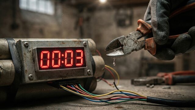 Man with wire cutter defusing bomb in dark room with timer on three seconds. Time running out concept for solving critical problem.