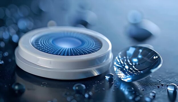Close up Macro Of A Modern Blue Contact Lens Case With A Droplet Of Water And Reflective Surface