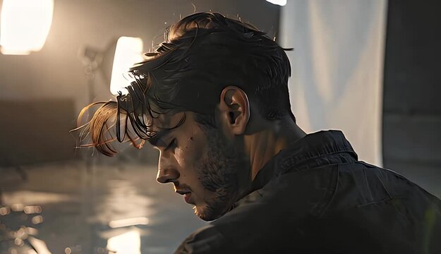 Close Up Portrait Of A Handsome Young Man With Wet Hair Looking Directly At Camera In A Studio With Dramatic Lighting