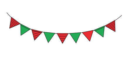 Fototapeta premium A festive garland of red and green triangular flags strung together on a cord for celebration.
