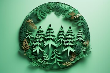 Paper craft forest scene creating a vibrant circular wreath on a green background