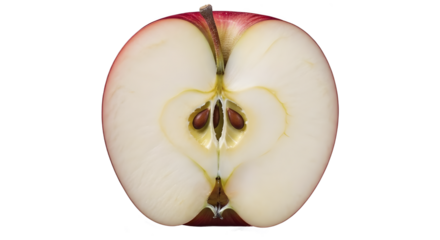 Close-up of a halved red apple on a white background, showing its inner structure and seeds.
