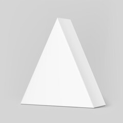 Triangle box packaging mockup for take away food. Vector illustration isolated on grey background. Half side view. Can be use for template your design, presentation, promo, ad. EPS10.