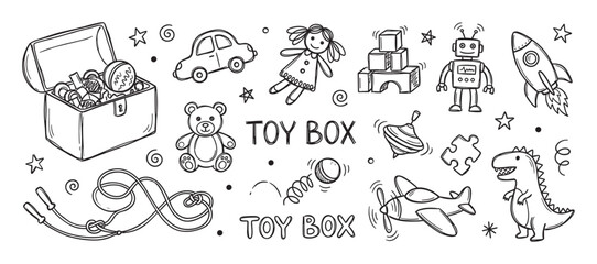 Hand-drawn black and white collection of children's toys including a teddy bear, robot, rocket, doll, and car in a playful doodle style illustration set for kids
