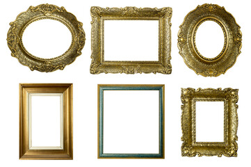 Antique golden picture frames and ornate borders set isolated