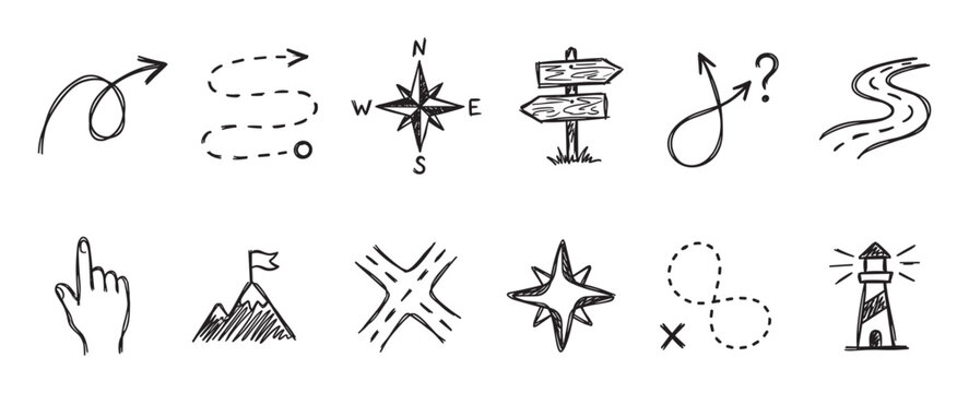 Hand-drawn navigation and travel doodle icons set featuring a compass, arrows, signpost, and map elements in a simple black and white sketch style for illustrating a journey or direction