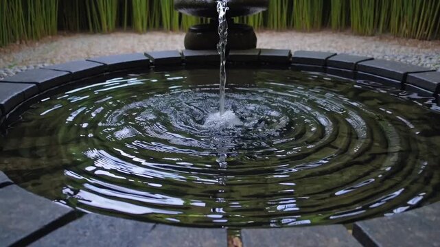 Zen garden stone fountain with bamboo, gentle water flow forming concentric ripples across circular stone basin, pebble border and moss accents, soft morning light, landscaper arranging stones,