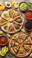 Assortment of savory Mexican inspired foods arranged on wooden surface for overhead dining
