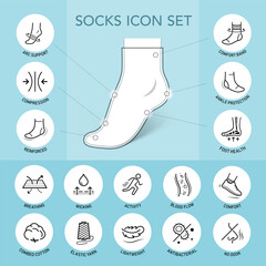 Socks icon sheet. Set for package, shows user instruction, main benefits. The outline icons are well scalable and editable. EPS10.	