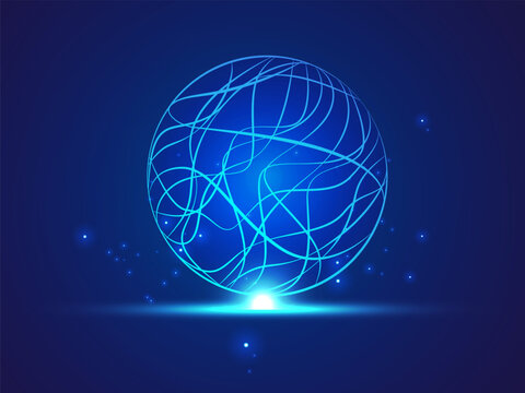 Abstract digital sphere with futuristic technology data network curves lines, glowing blue global artificial intelligence connection vector deisign concept for Neural Connections, automation, big data