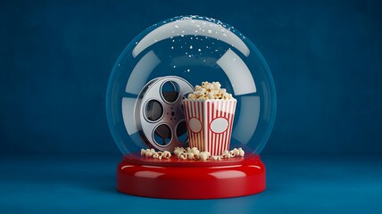 Movie night entertainment concept with popcorn and film reel
