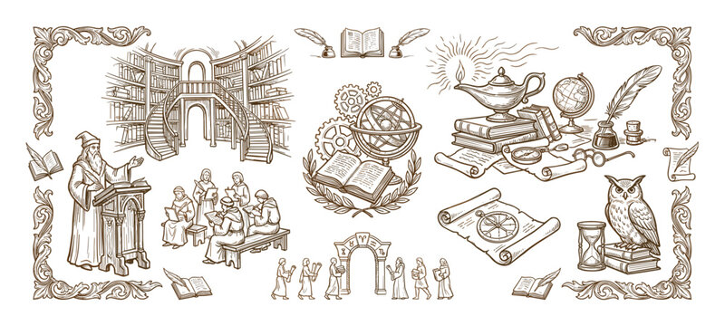 Collection of vintage hand-drawn illustrations depicting ancient knowledge, education, and science, featuring a library, scholar, owl, globe, and scrolls in a detailed engraving style