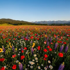 Expansive field brimming with vibrant wildflowers stretches toward distant mountain range under clear sky