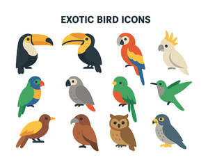 Obraz premium Colorful exotic bird icons collection: toucan, parrot, cockatoo, hummingbird, owl, falcon