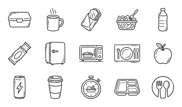 Collection of hand-drawn lunch break icons in a minimalist black line art style, featuring a lunchbox, coffee cup, salad, microwave, and other food to go elements