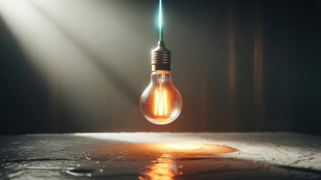 Light bulb with glowing filament hanging above surface with reflection illumination electricity - Powered by Adobe