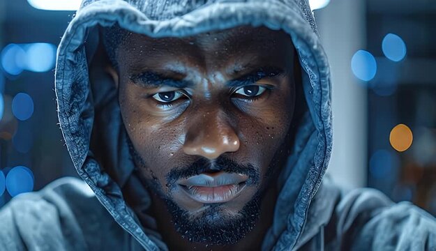 Close up of a sweaty man wearing a grey hoodie focused intensely in a dimly lit gym at night with blurred blue lights
