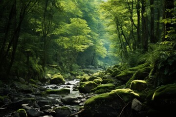 Fototapeta premium Lush green forest showing a tranquil stream with sun rays illuminating mossy rocks