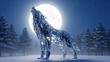 Crystal wolf howls at full moon in snowy forest geometric snow night