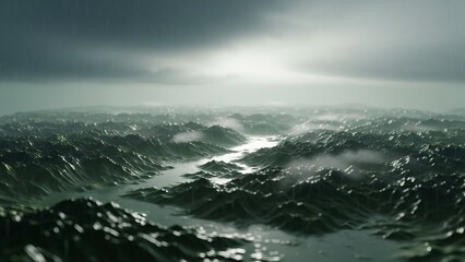 A dramatic aerial view of a winding river cutting through a rugged, mist-shrouded mountain range under a stormy sky.