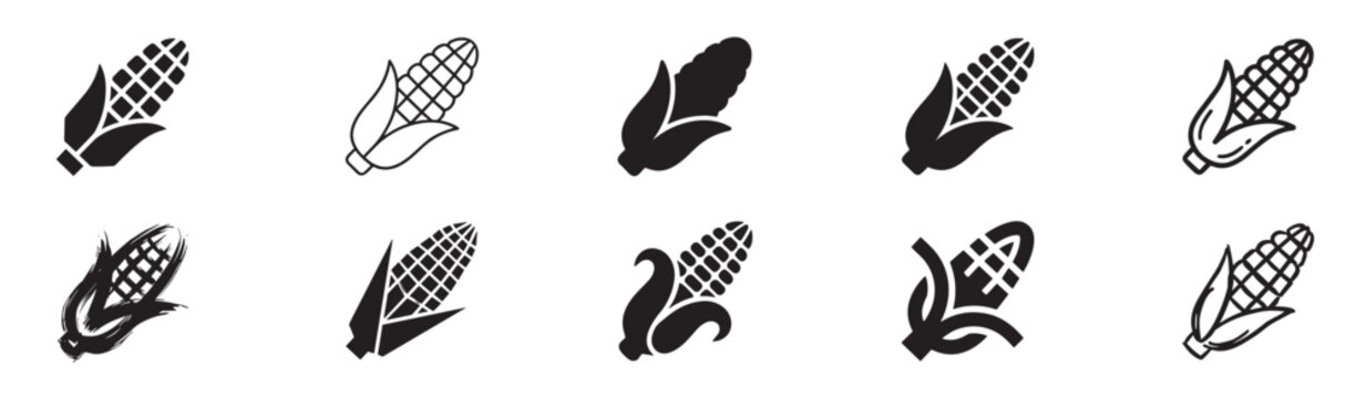 Black corn on the cob icon collection featuring a variety of minimalist graphic styles such as simple glyphs, clean outlines, and abstract brush stroke illustrations