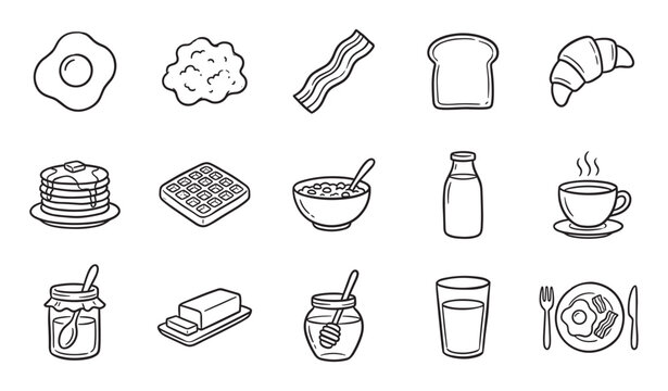 Breakfast food and drink doodle icons collection featuring pancakes, waffles, eggs, bacon, and coffee, illustrated in a minimalist black and white line art vector style